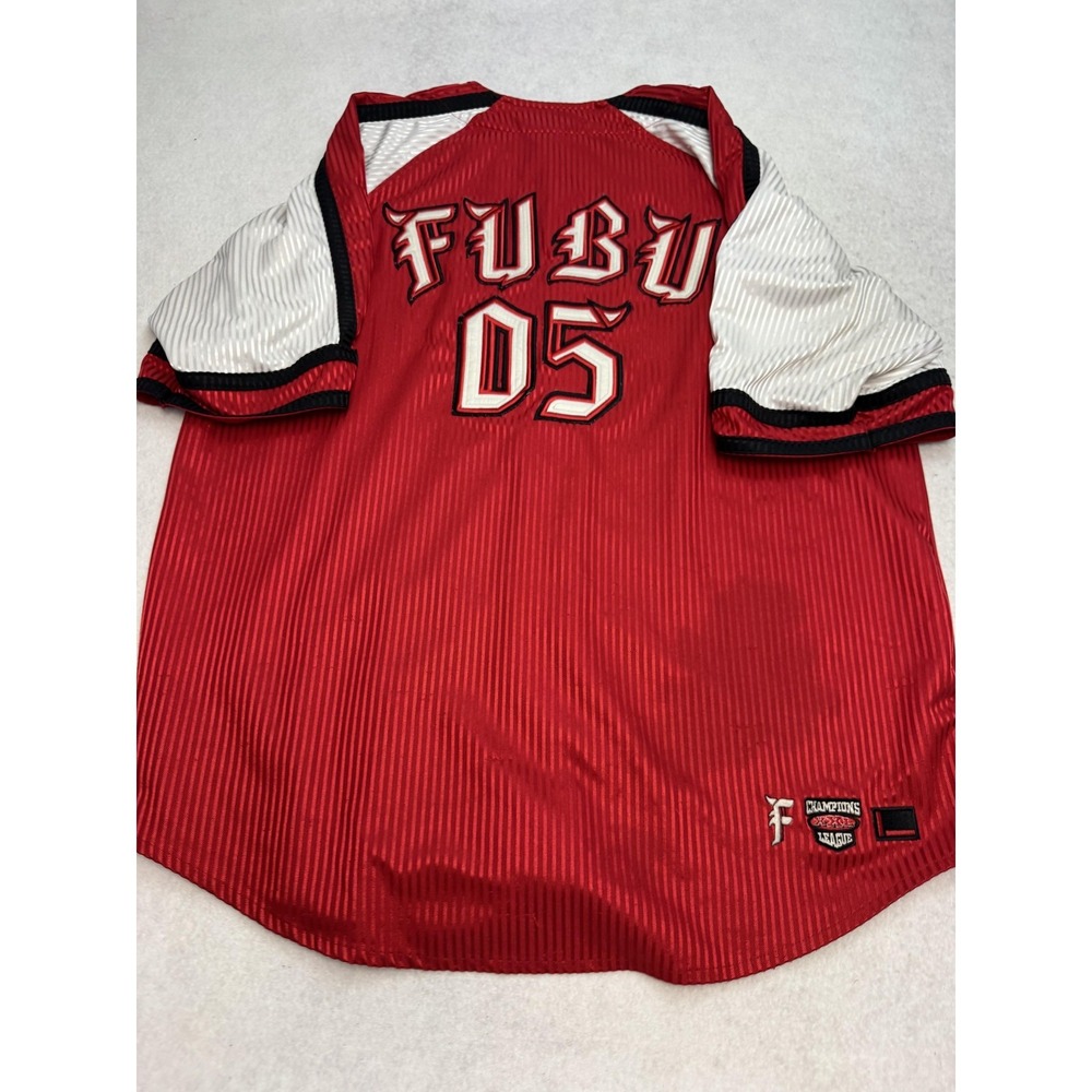 FUBU Shirt Mens 2XL Red White Short Sleeve Button Front Baseball Jersey 05